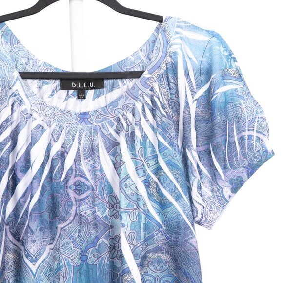 B.L.E.U. Tunic Shirt L Womens NEW Blue Purple Sublimation Boho Short Sleeve - Picture 2 of 5